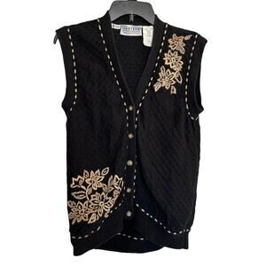 Vintage Embroidered Floral Knit Grannycore Sweater Vest Granny Cottagecore Black